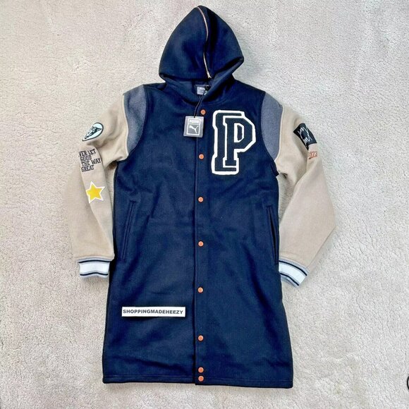 PUMA SIGNATURE Varsity P Patch Long JACKET Snap Button Wool Blend Coat Black - Picture 1 of 13